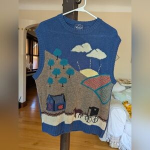 Vintage Knit Sweater Vest with Scenic Design